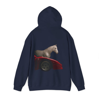 Horse & Sports Car Hoodie — Minimal Horse Head Front | Horse on Red Car Back | Winter Drop