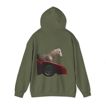 Horse & Sports Car Hoodie — Minimal Horse Head Front | Horse on Red Car Back | Winter Drop