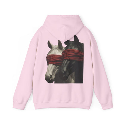 Horse Art Hoodie — Blindfolded Horses Graphic Pullover | Winter Drop