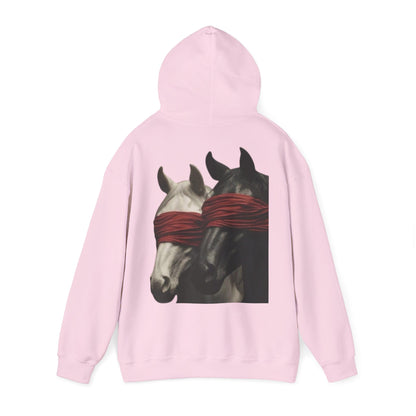Horse Art Hoodie — Blindfolded Horses Graphic Pullover | Winter Drop