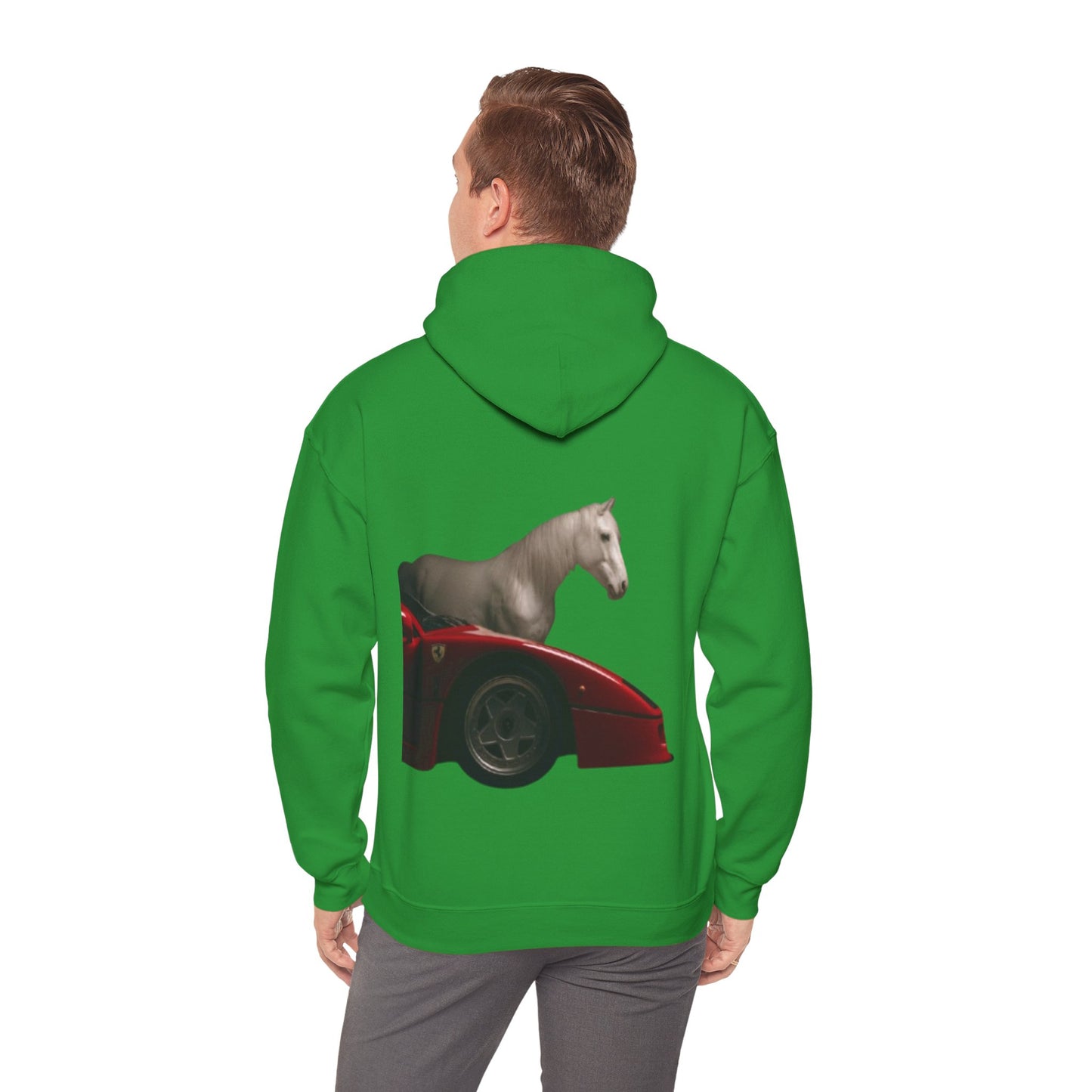 Horse & Sports Car Hoodie — Minimal Horse Head Front | Horse on Red Car Back | Winter Drop