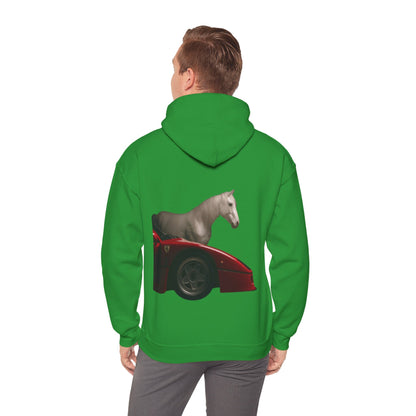 Horse & Sports Car Hoodie — Minimal Horse Head Front | Horse on Red Car Back | Winter Drop
