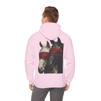 Horse Art Hoodie — Blindfolded Horses Graphic Pullover | Winter Drop