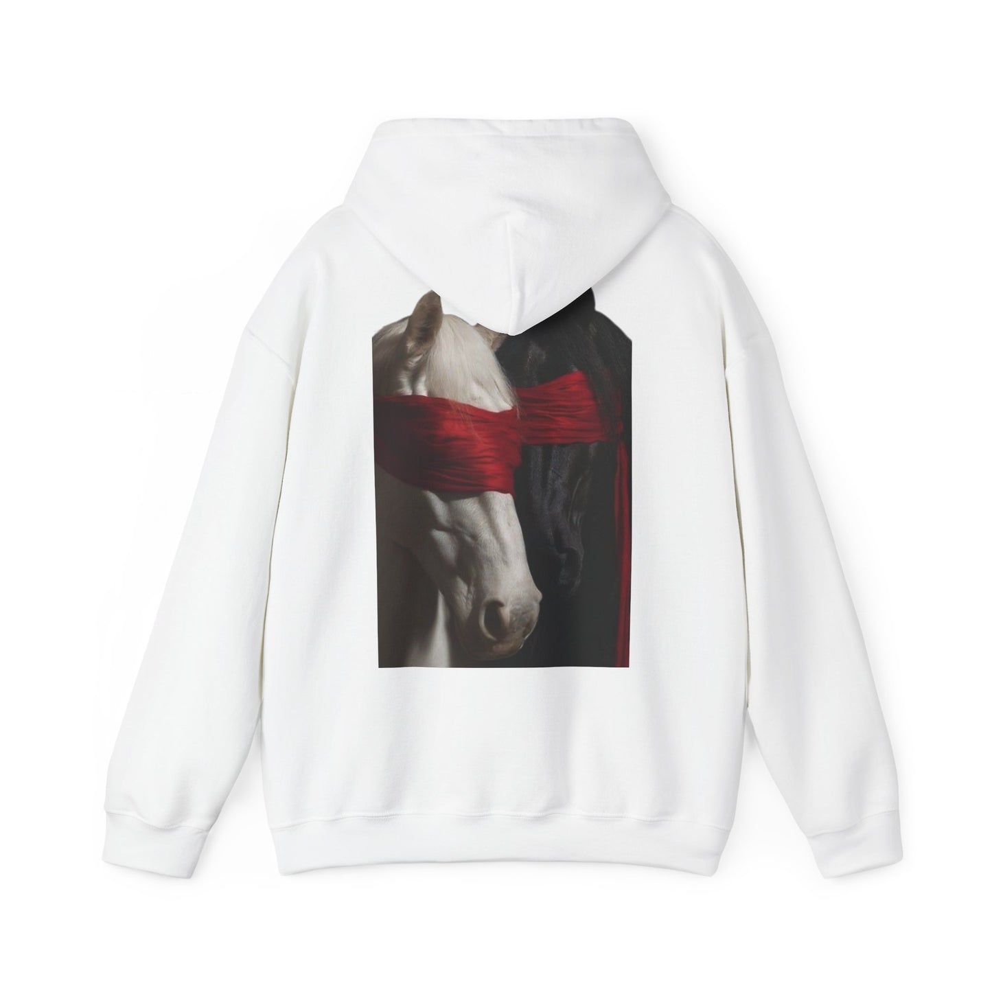 Horse Portrait Hoodie — White Horse with Red Blindfold Graphic | Winter Drop