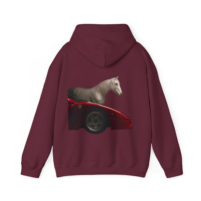 Horse & Sports Car Hoodie — Minimal Horse Head Front | Horse on Red Car Back | Winter Drop