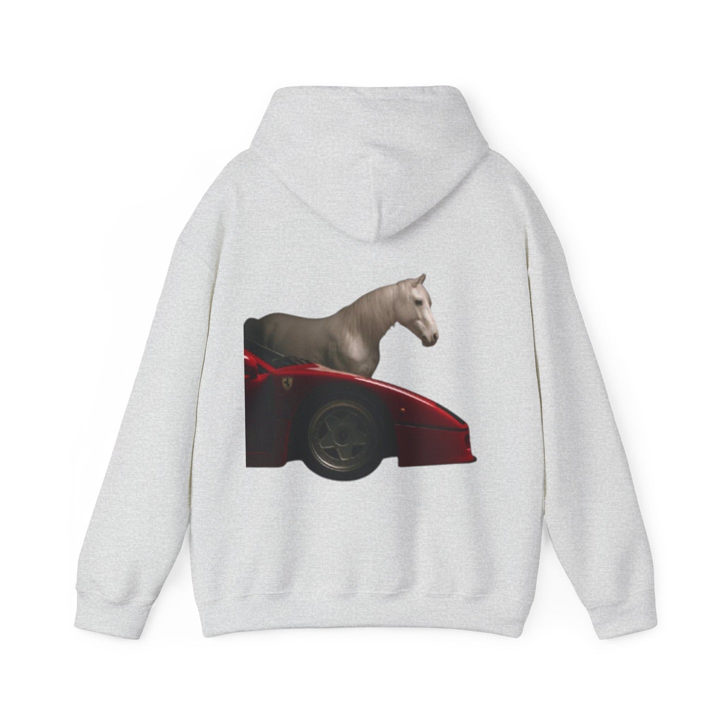 Horse & Sports Car Hoodie — Minimal Horse Head Front | Horse on Red Car Back | Winter Drop