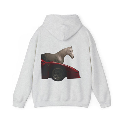 Horse & Sports Car Hoodie — Minimal Horse Head Front | Horse on Red Car Back | Winter Drop