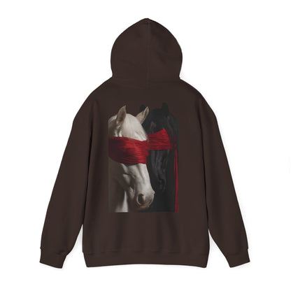 Horse Portrait Hoodie — White Horse with Red Blindfold Graphic | Winter Drop