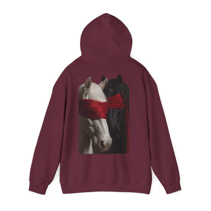 Horse Portrait Hoodie — White Horse with Red Blindfold Graphic | Winter Drop
