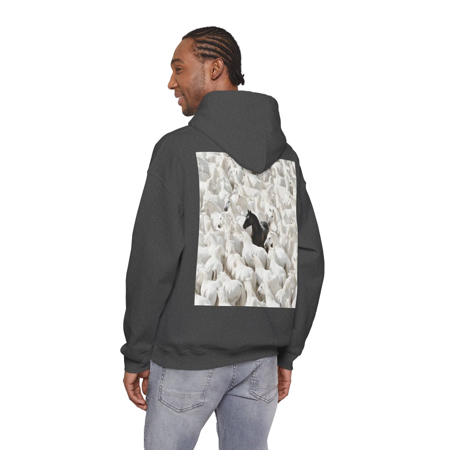 Hoodie – 'Stand Out' Black Horse Among White Sheep Graphic Hoodie