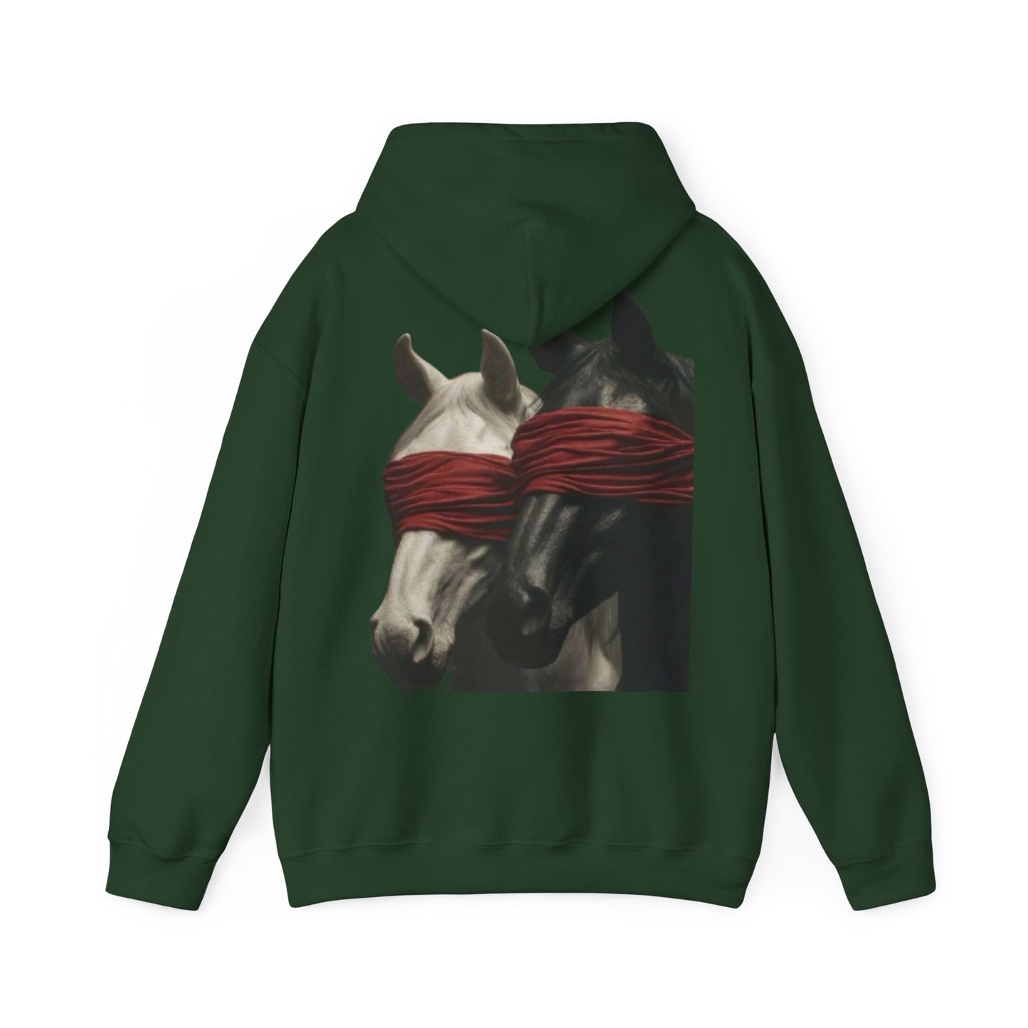 Horse Art Hoodie — Blindfolded Horses Graphic Pullover | Winter Drop