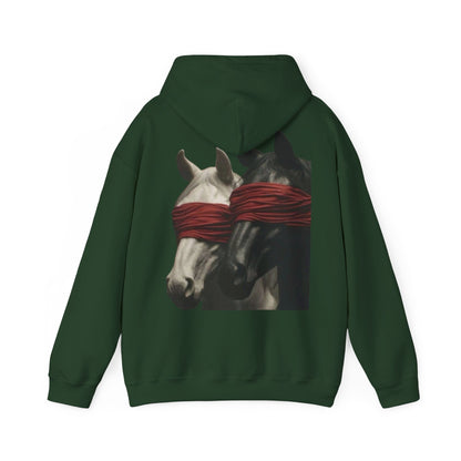 Horse Art Hoodie — Blindfolded Horses Graphic Pullover | Winter Drop
