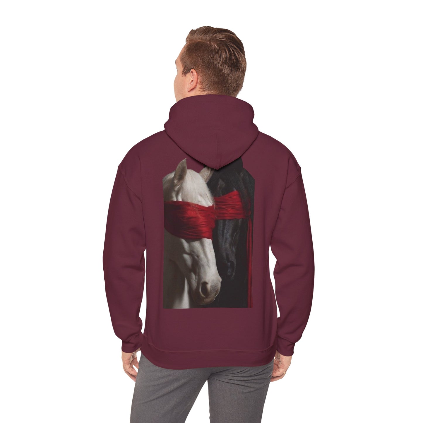 Horse Portrait Hoodie — White Horse with Red Blindfold Graphic | Winter Drop