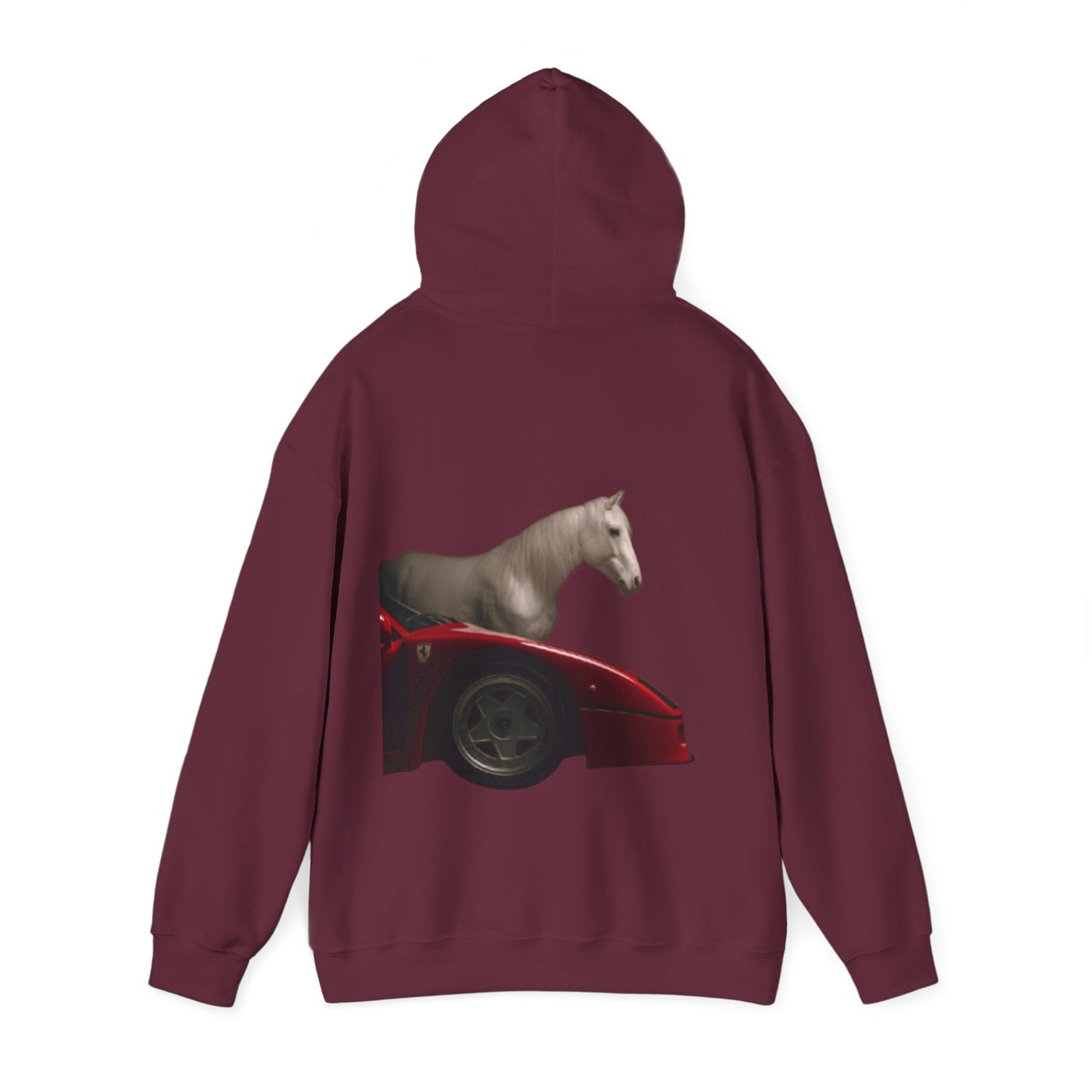 Horse & Sports Car Hoodie — Minimal Horse Head Front | Horse on Red Car Back | Winter Drop