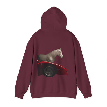 Horse & Sports Car Hoodie — Minimal Horse Head Front | Horse on Red Car Back | Winter Drop