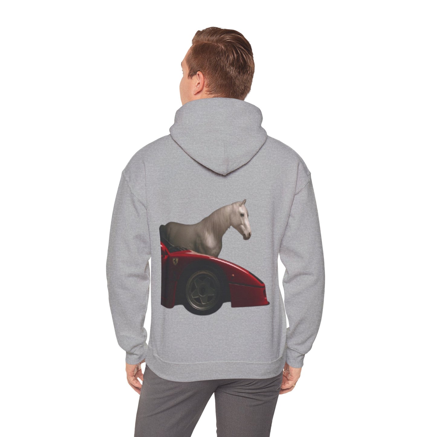 Horse & Sports Car Hoodie — Minimal Horse Head Front | Horse on Red Car Back | Winter Drop