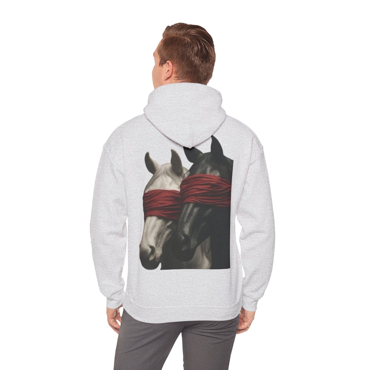 Horse Art Hoodie — Blindfolded Horses Graphic Pullover | Winter Drop