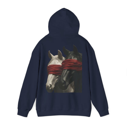 Horse Art Hoodie — Blindfolded Horses Graphic Pullover | Winter Drop