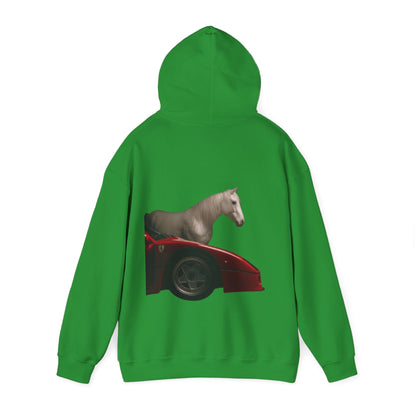 Horse & Sports Car Hoodie — Minimal Horse Head Front | Horse on Red Car Back | Winter Drop