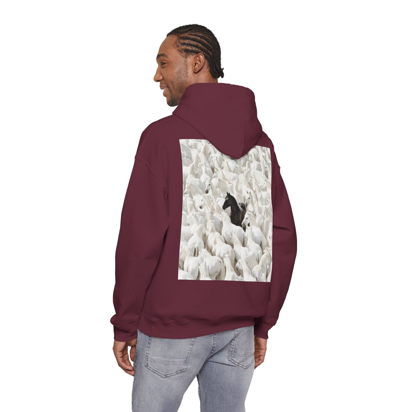Hoodie – 'Stand Out' Black Horse Among White Sheep Graphic Hoodie