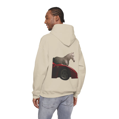 Horse & Sports Car Hoodie — Minimal Horse Head Front | Horse on Red Car Back | Winter Drop