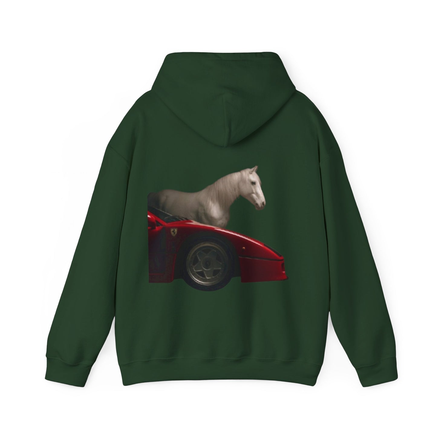 Horse & Sports Car Hoodie — Minimal Horse Head Front | Horse on Red Car Back | Winter Drop