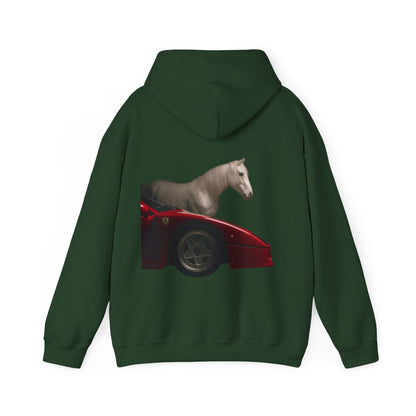 Horse & Sports Car Hoodie — Minimal Horse Head Front | Horse on Red Car Back | Winter Drop