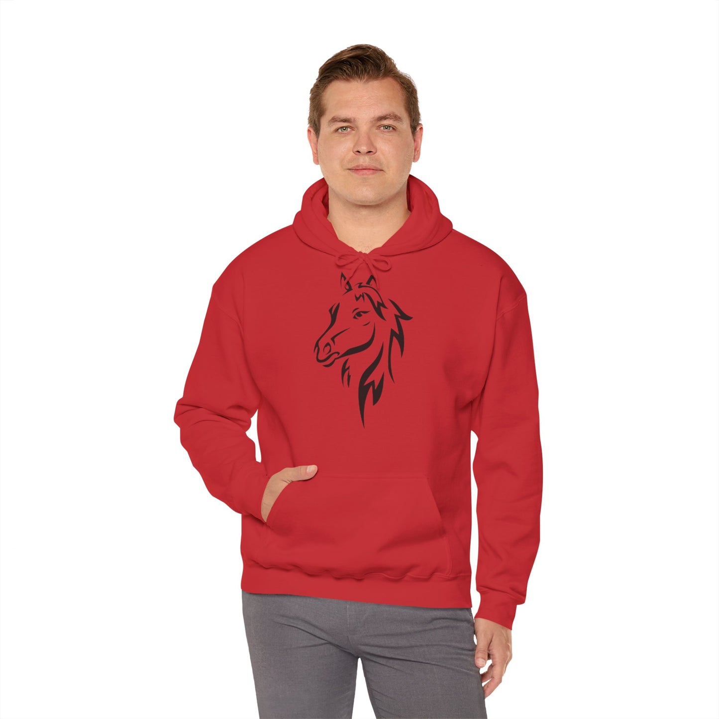 Horse & Sports Car Hoodie — Minimal Horse Head Front | Horse on Red Car Back | Winter Drop