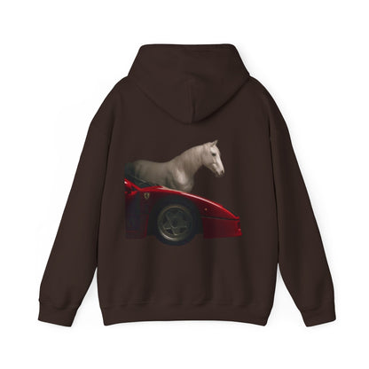 Horse & Sports Car Hoodie — Minimal Horse Head Front | Horse on Red Car Back | Winter Drop