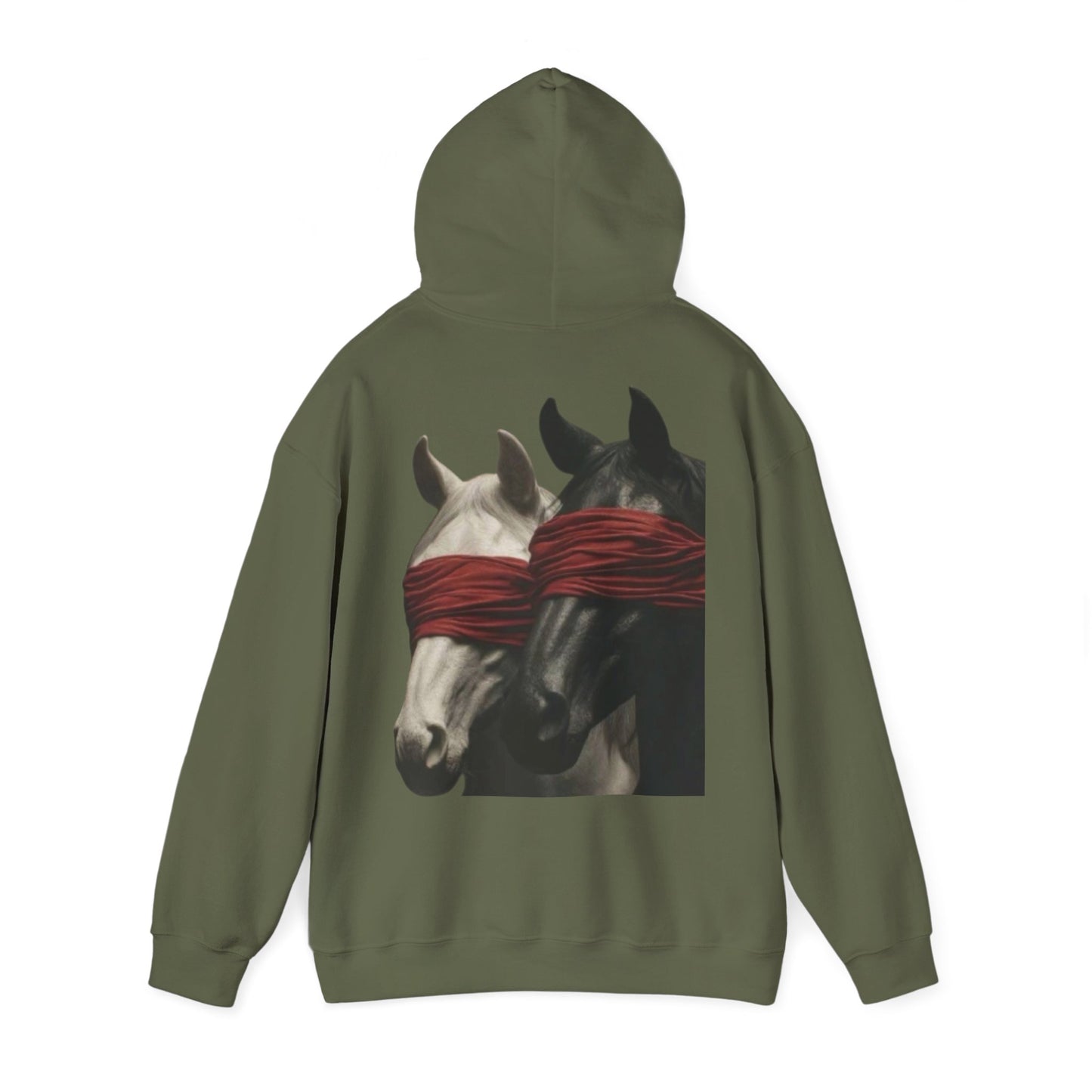 Horse Art Hoodie — Blindfolded Horses Graphic Pullover | Winter Drop