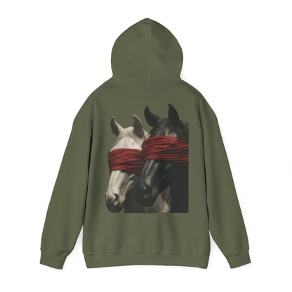 Horse Art Hoodie — Blindfolded Horses Graphic Pullover | Winter Drop