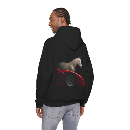 Horse & Sports Car Hoodie — Minimal Horse Head Front | Horse on Red Car Back | Winter Drop