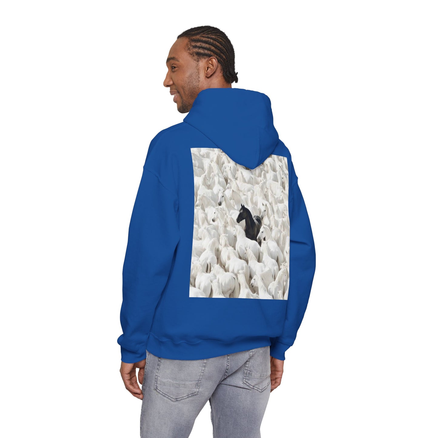 Hoodie – 'Stand Out' Black Horse Among White Sheep Graphic Hoodie