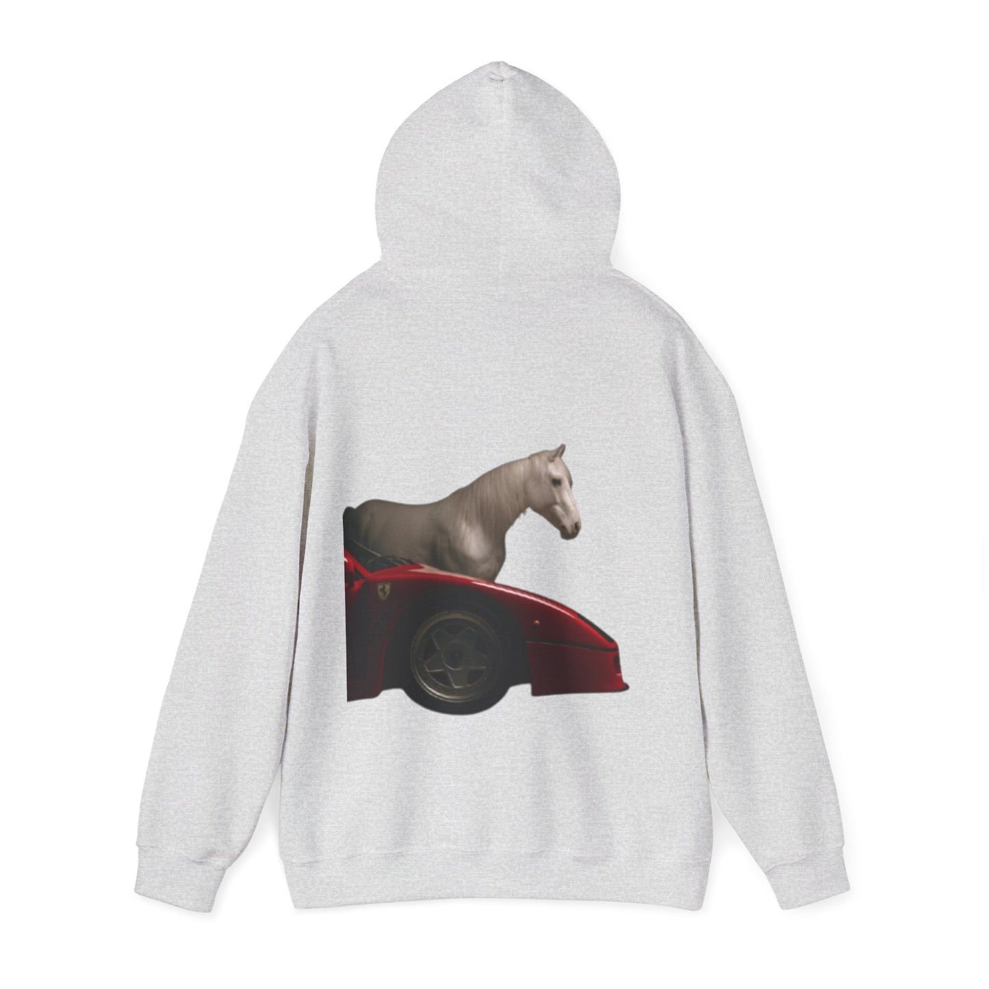 Horse & Sports Car Hoodie — Minimal Horse Head Front | Horse on Red Car Back | Winter Drop