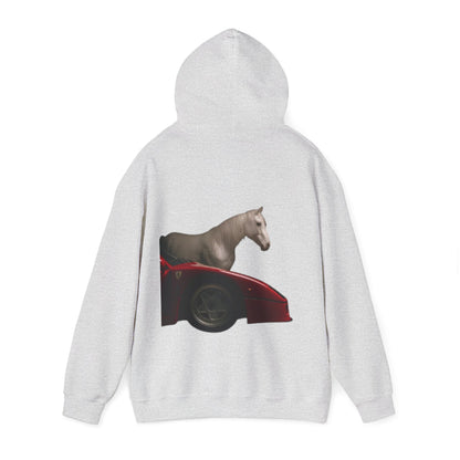 Horse & Sports Car Hoodie — Minimal Horse Head Front | Horse on Red Car Back | Winter Drop