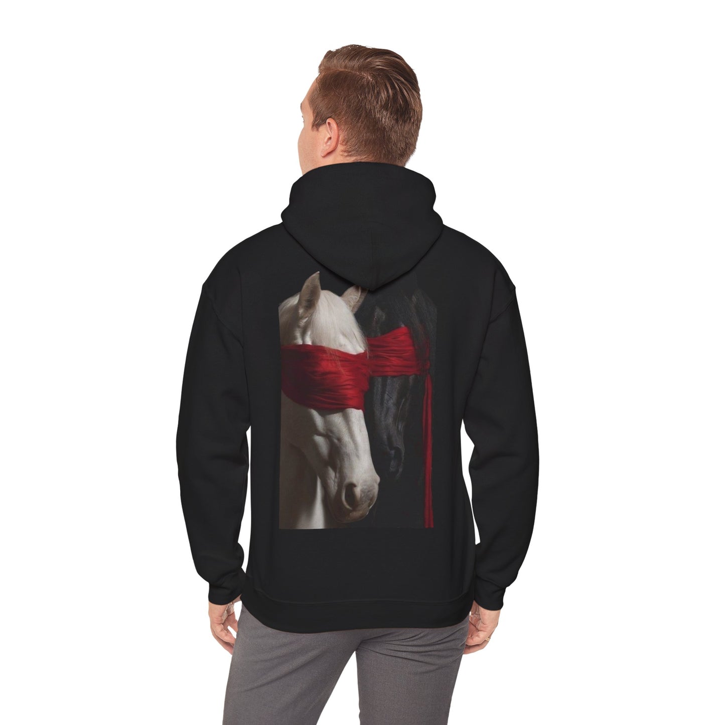 Horse Portrait Hoodie — White Horse with Red Blindfold Graphic | Winter Drop