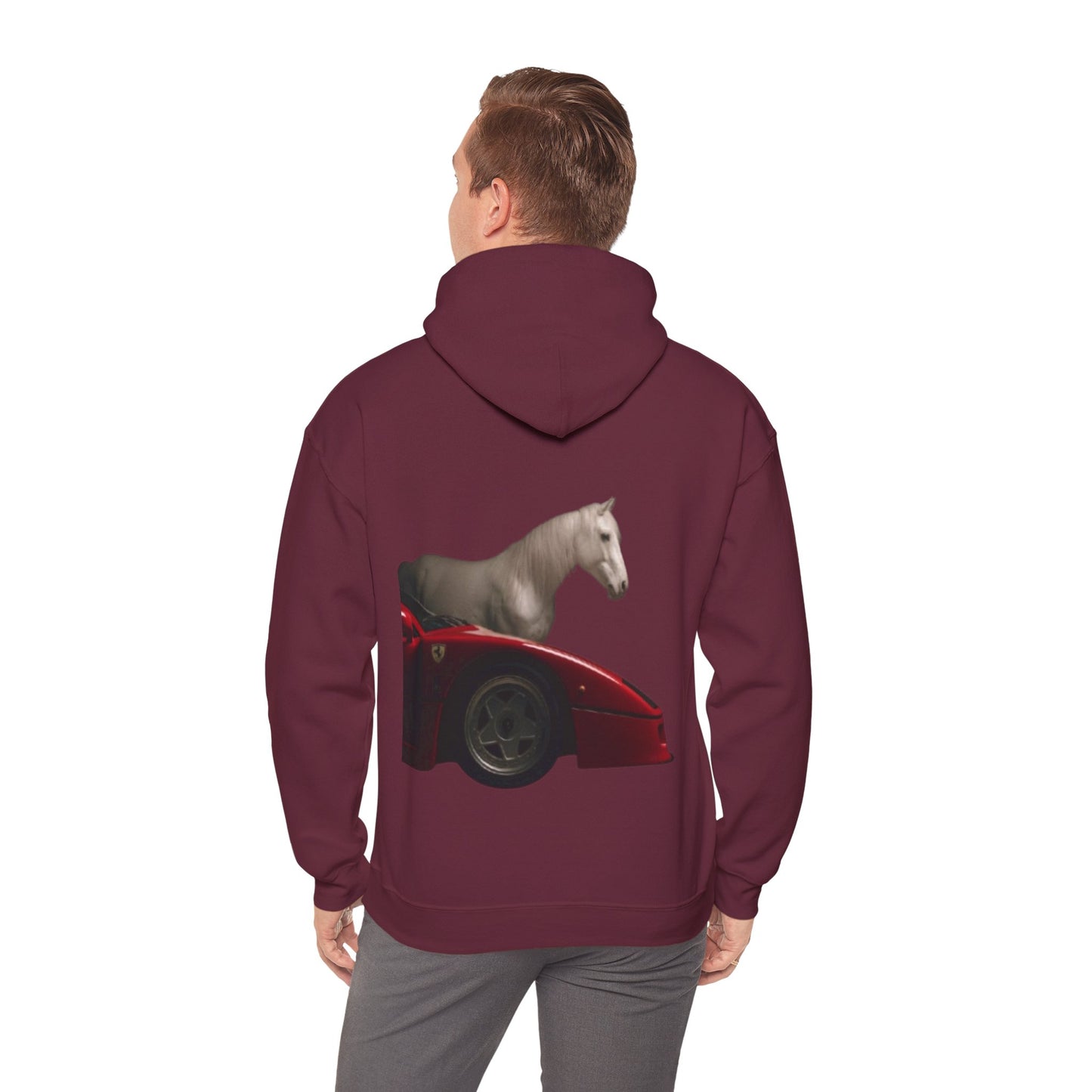 Horse & Sports Car Hoodie — Minimal Horse Head Front | Horse on Red Car Back | Winter Drop