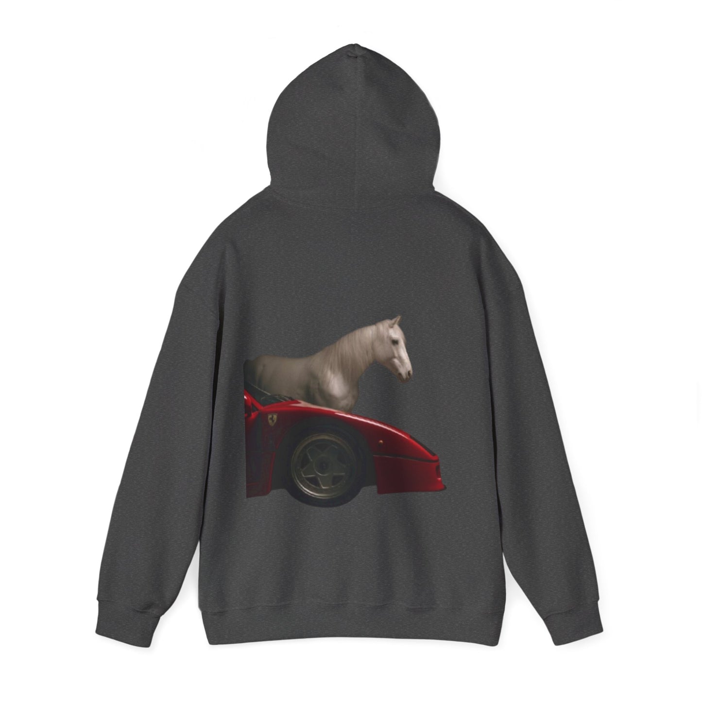 Horse & Sports Car Hoodie — Minimal Horse Head Front | Horse on Red Car Back | Winter Drop