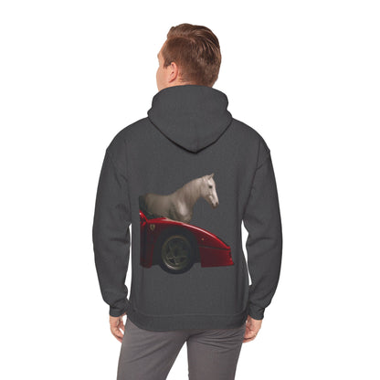 Horse & Sports Car Hoodie — Minimal Horse Head Front | Horse on Red Car Back | Winter Drop