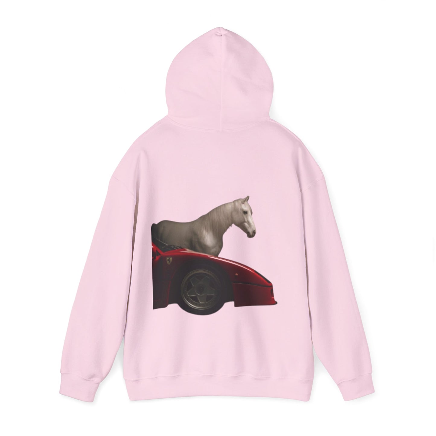 Horse & Sports Car Hoodie — Minimal Horse Head Front | Horse on Red Car Back | Winter Drop