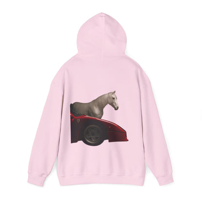 Horse & Sports Car Hoodie — Minimal Horse Head Front | Horse on Red Car Back | Winter Drop