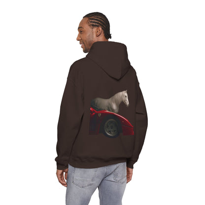 Horse & Sports Car Hoodie — Minimal Horse Head Front | Horse on Red Car Back | Winter Drop