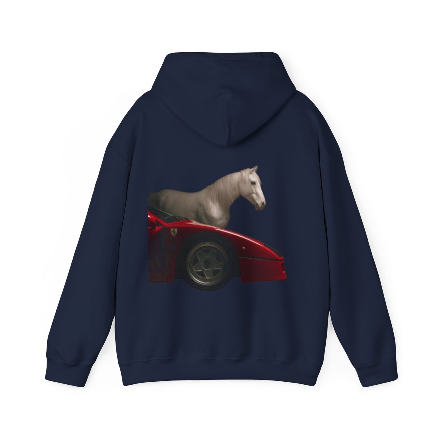 Horse & Sports Car Hoodie — Minimal Horse Head Front | Horse on Red Car Back | Winter Drop