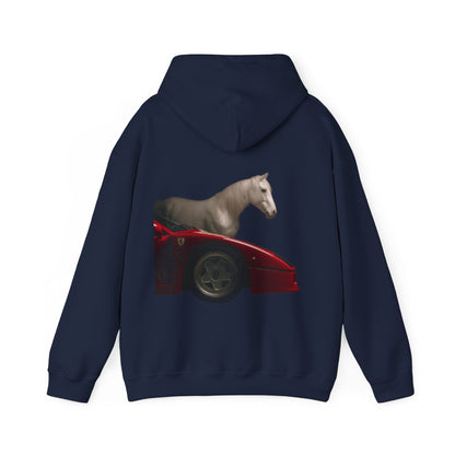 Horse & Sports Car Hoodie — Minimal Horse Head Front | Horse on Red Car Back | Winter Drop