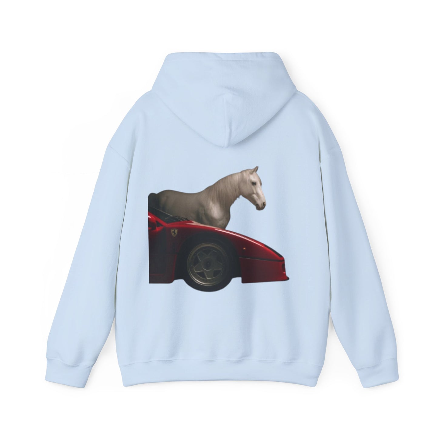 Horse & Sports Car Hoodie — Minimal Horse Head Front | Horse on Red Car Back | Winter Drop