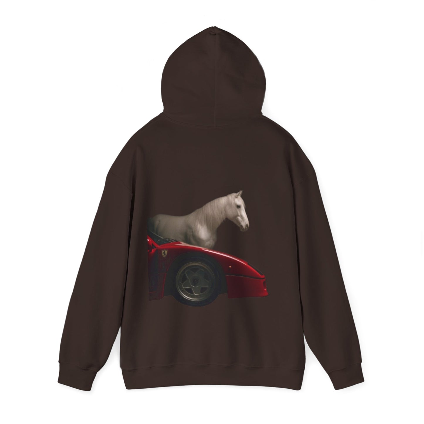 Horse & Sports Car Hoodie — Minimal Horse Head Front | Horse on Red Car Back | Winter Drop