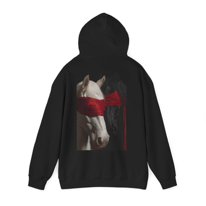 Horse Portrait Hoodie — White Horse with Red Blindfold Graphic | Winter Drop