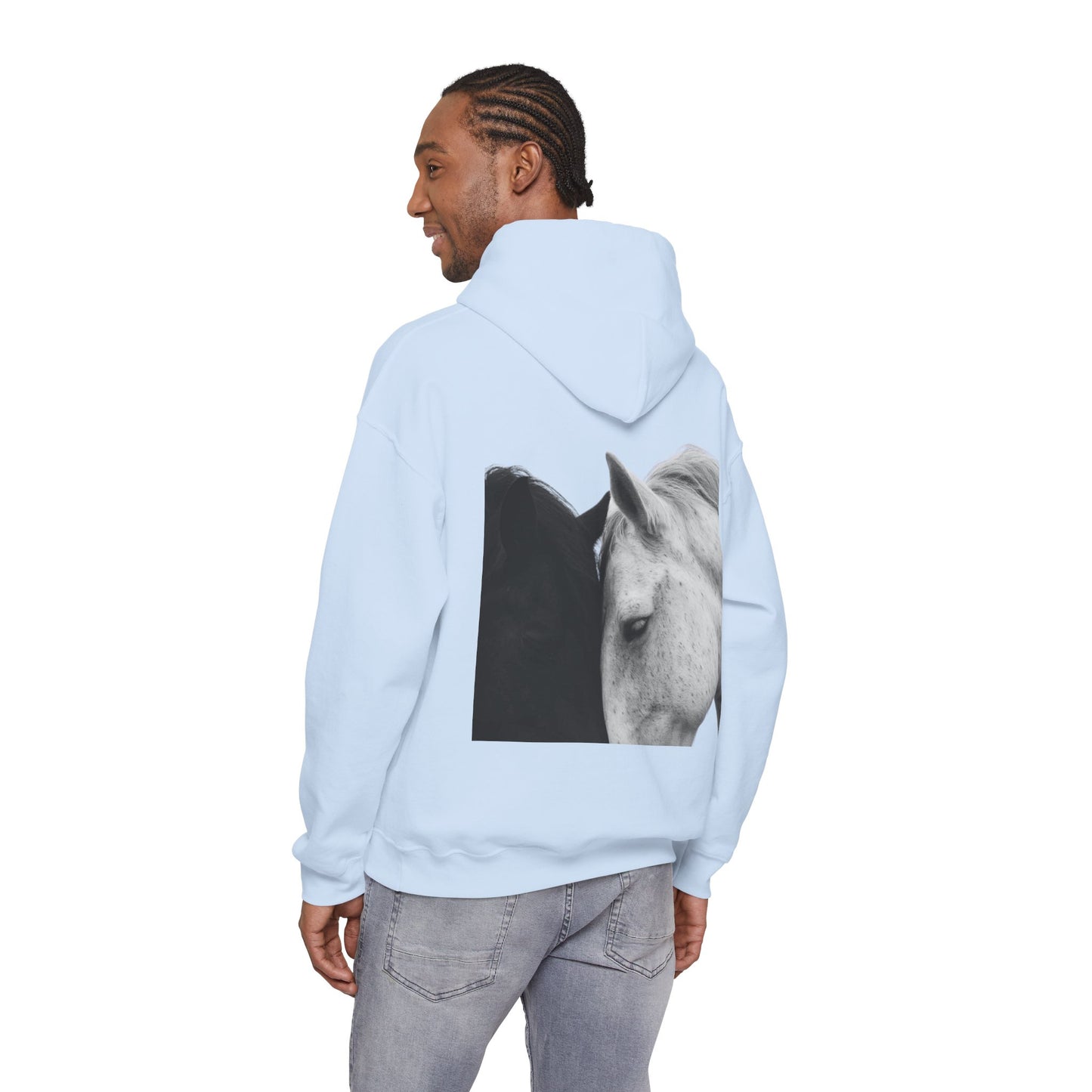 Horse Hoodie — Minimal Line Art Front & Black‑White Photo Back | Winter Drop