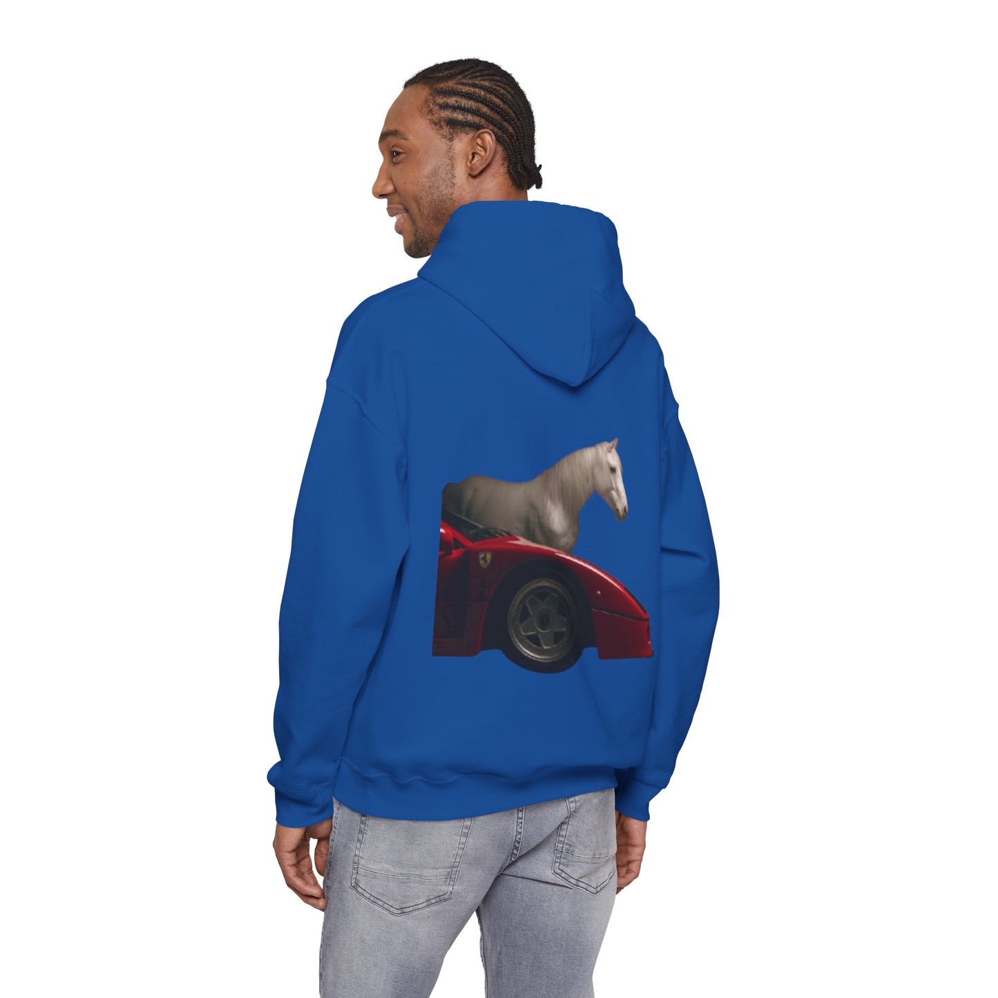 Horse & Sports Car Hoodie — Minimal Horse Head Front | Horse on Red Car Back | Winter Drop