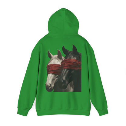 Horse Art Hoodie — Blindfolded Horses Graphic Pullover | Winter Drop